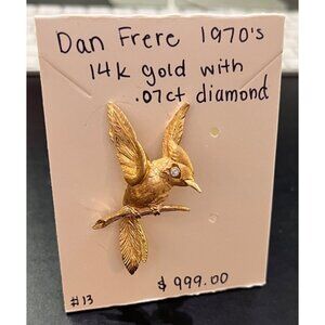 Vintage Dan Frere 14k Gold Bird Brooch – 1970s – .07ct Diamond – Signed Artisan
